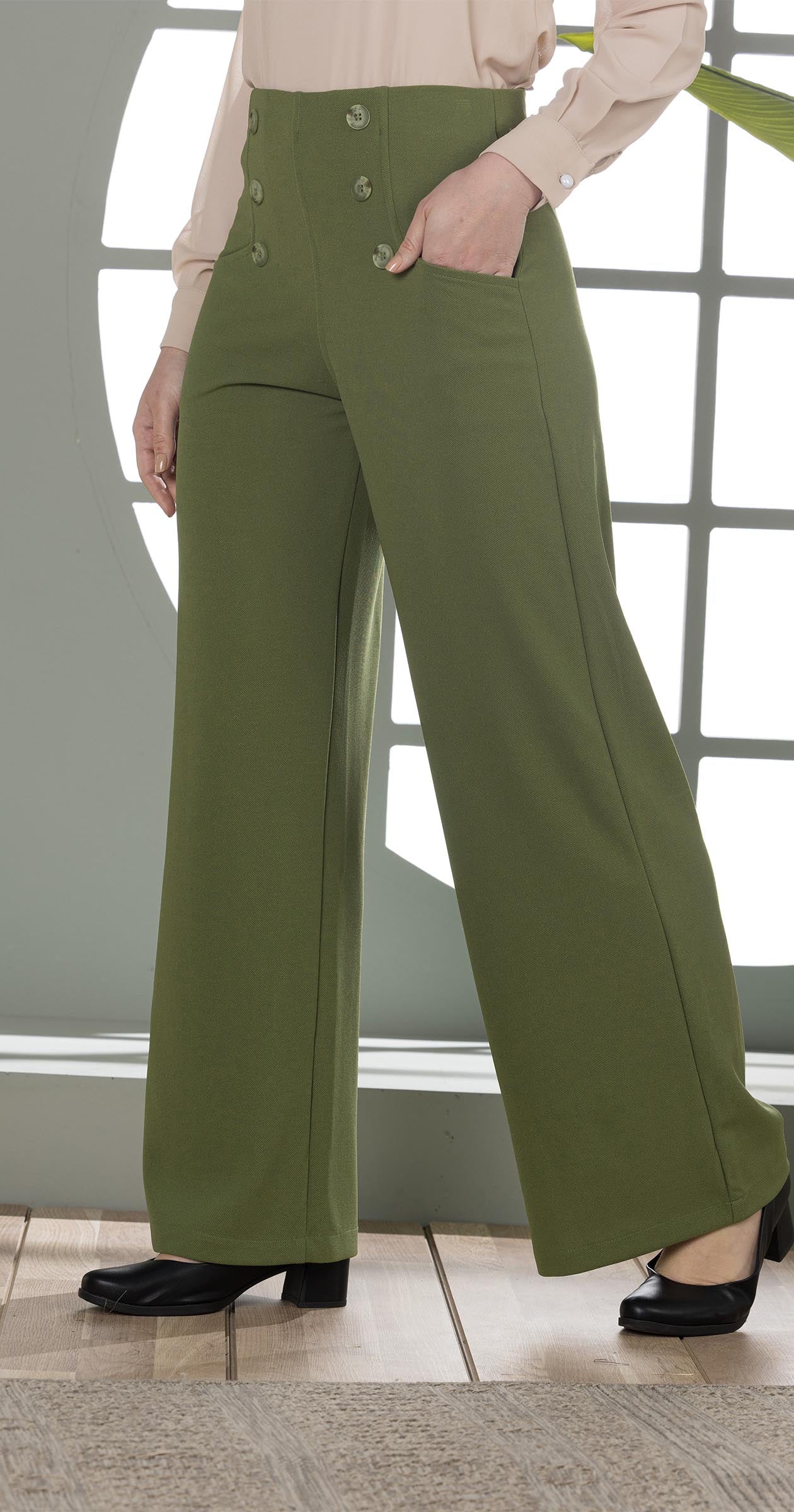 High-Waist Wide-Leg Pants- Double row of decorative buttons-Olive Green