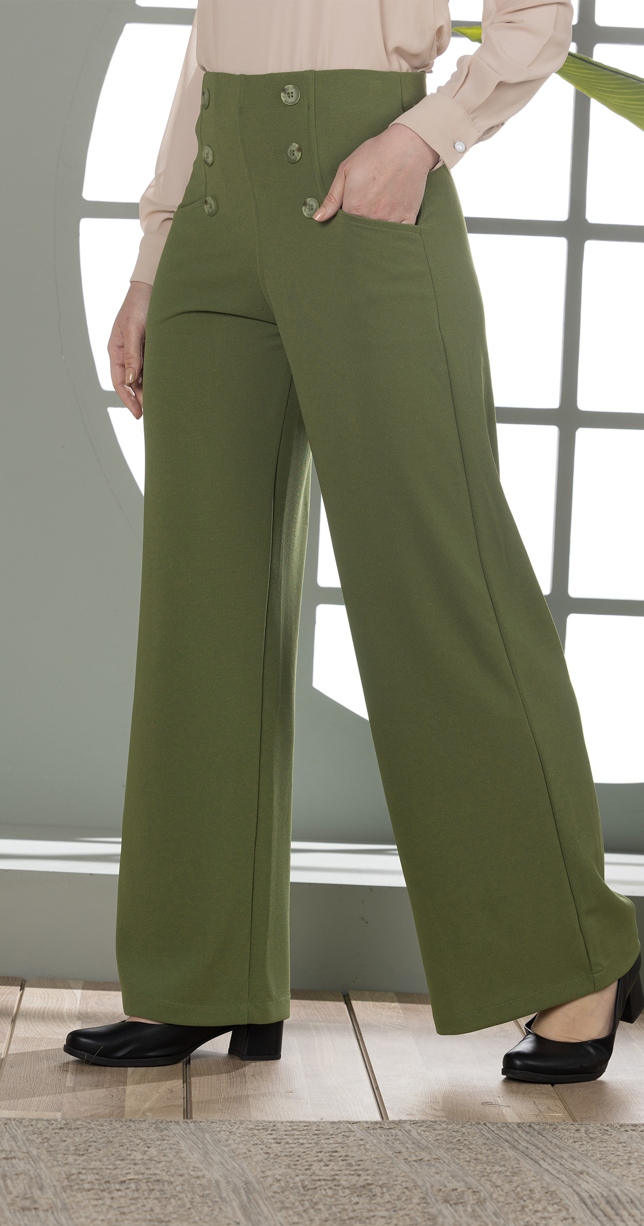 High-Waist Wide-Leg Pants- Double row of decorative buttons