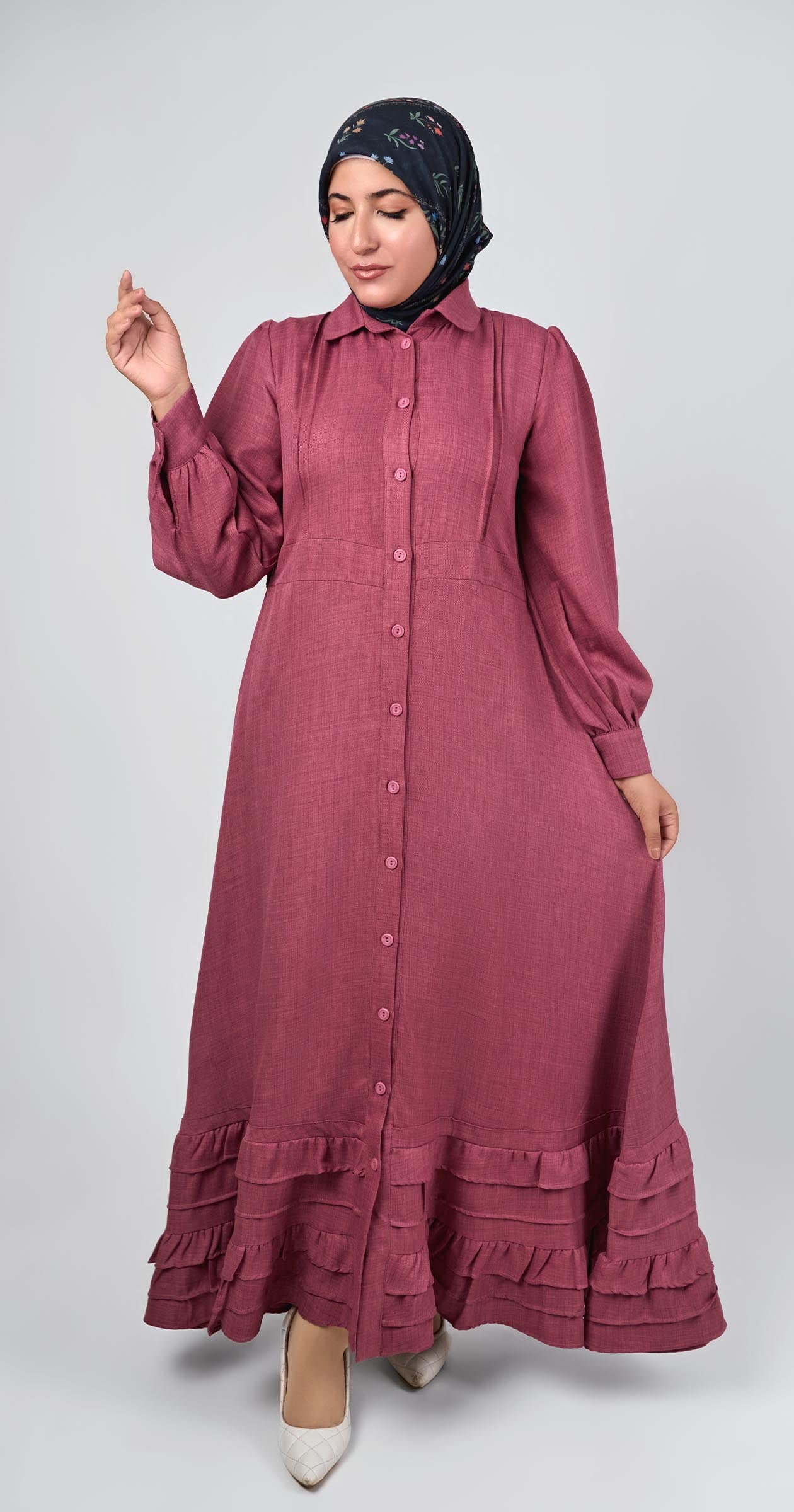 Linen dress with ruffles-Muted Rose Wood