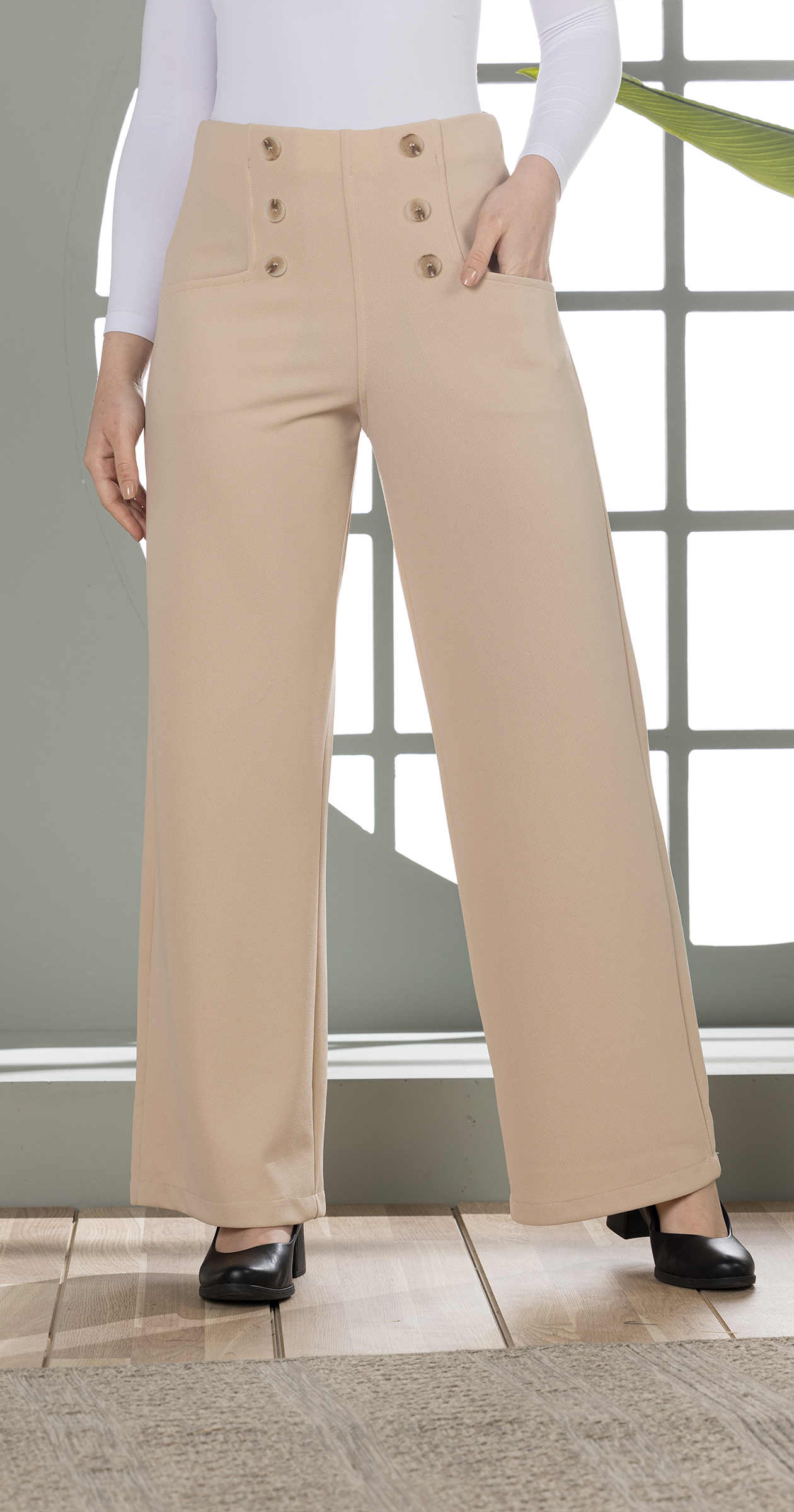 High-Waist Wide-Leg Pants- Double row of decorative buttons