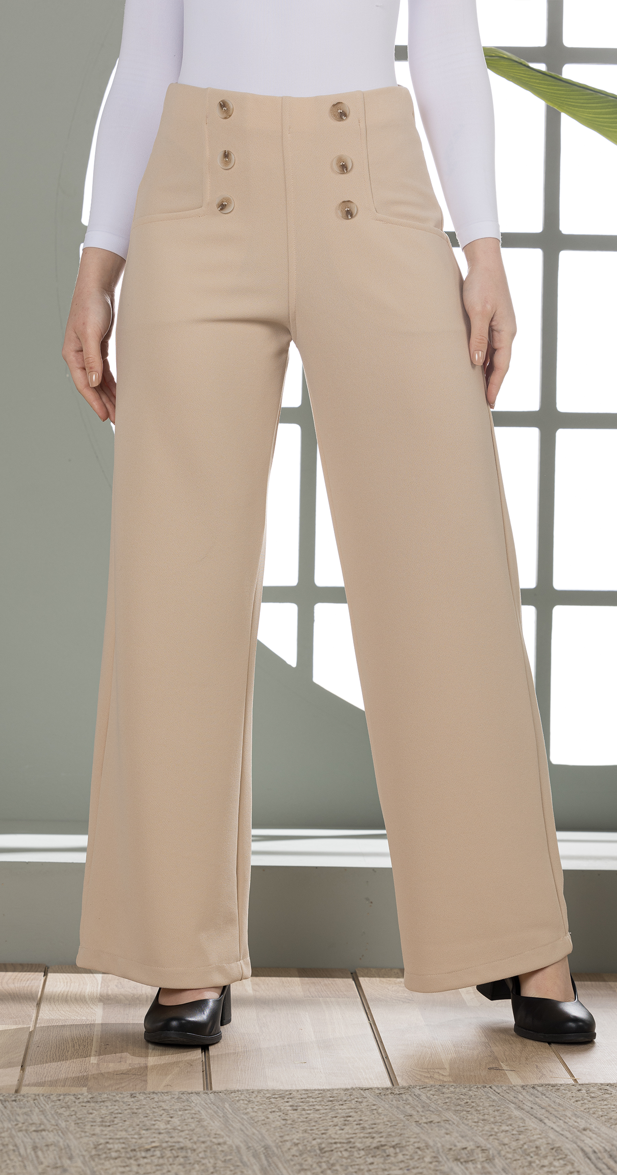 High-Waist Wide-Leg Pants- Double row of decorative buttons