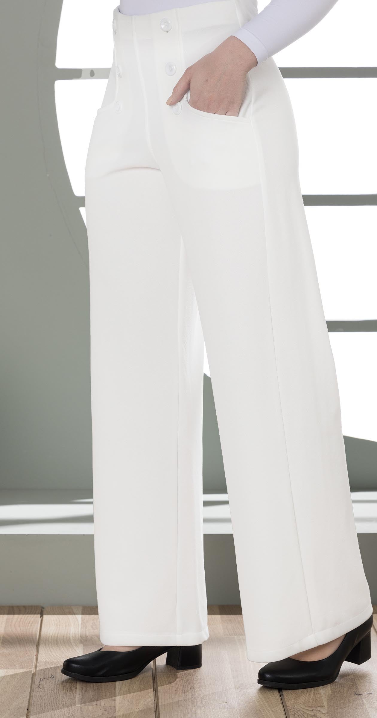 High-Waist Wide-Leg Pants- Double row of decorative buttons-White
