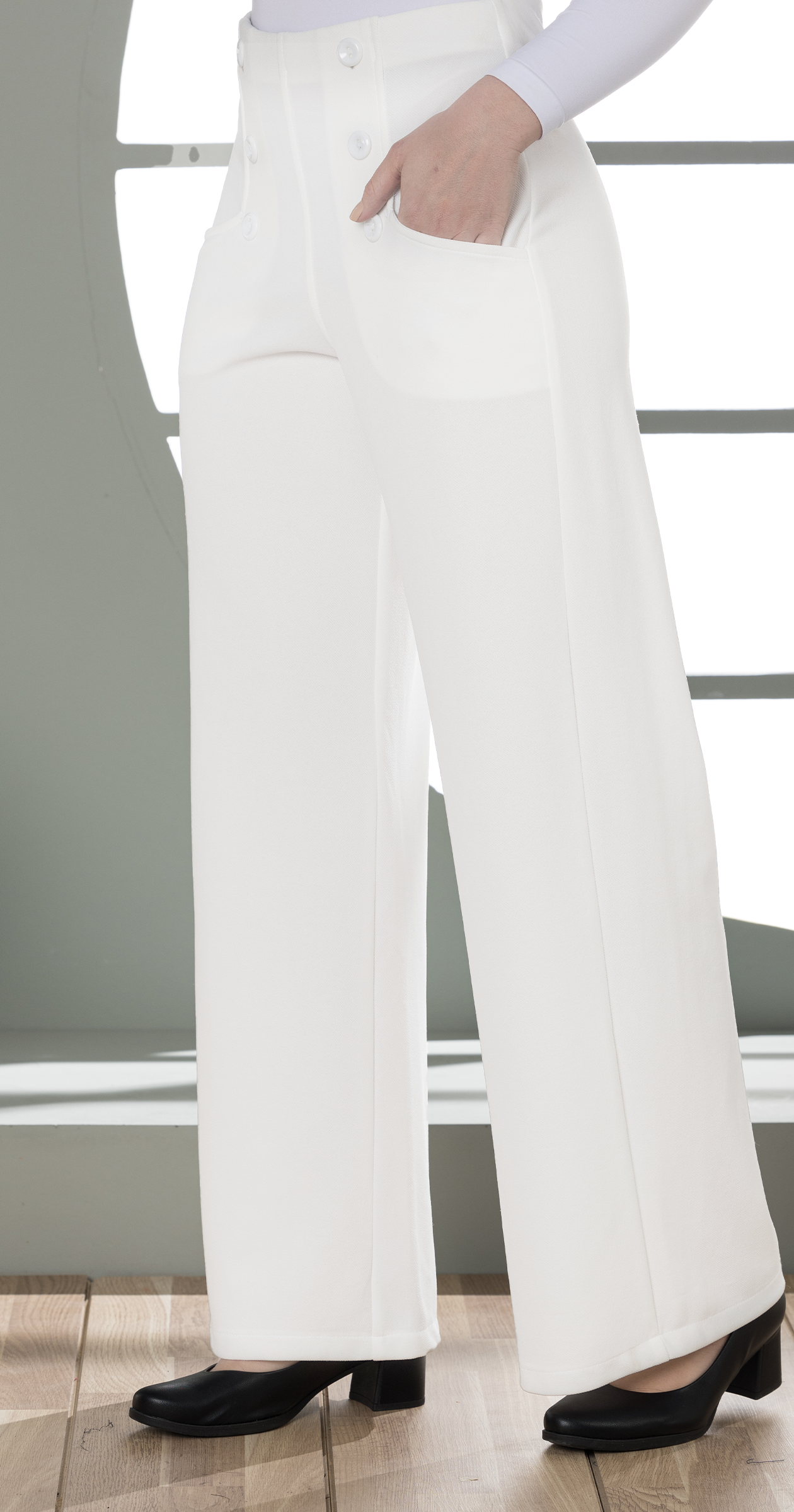 High-Waist Wide-Leg Pants- Double row of decorative buttons