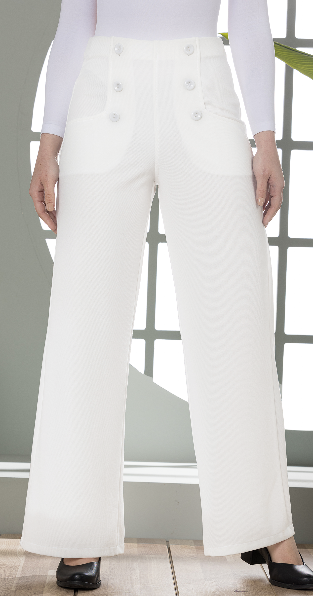 High-Waist Wide-Leg Pants- Double row of decorative buttons