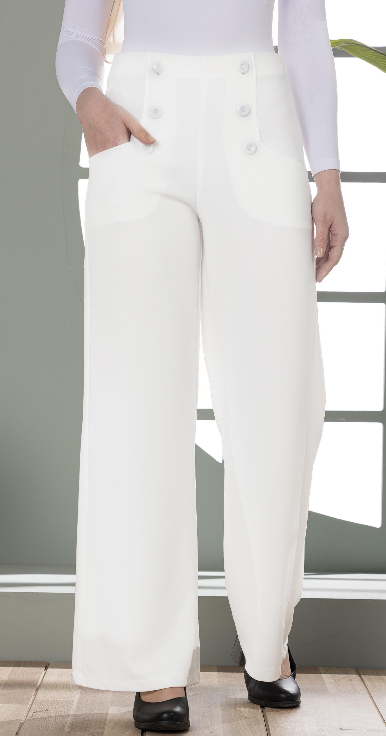 High-Waist Wide-Leg Pants- Double row of decorative buttons-White
