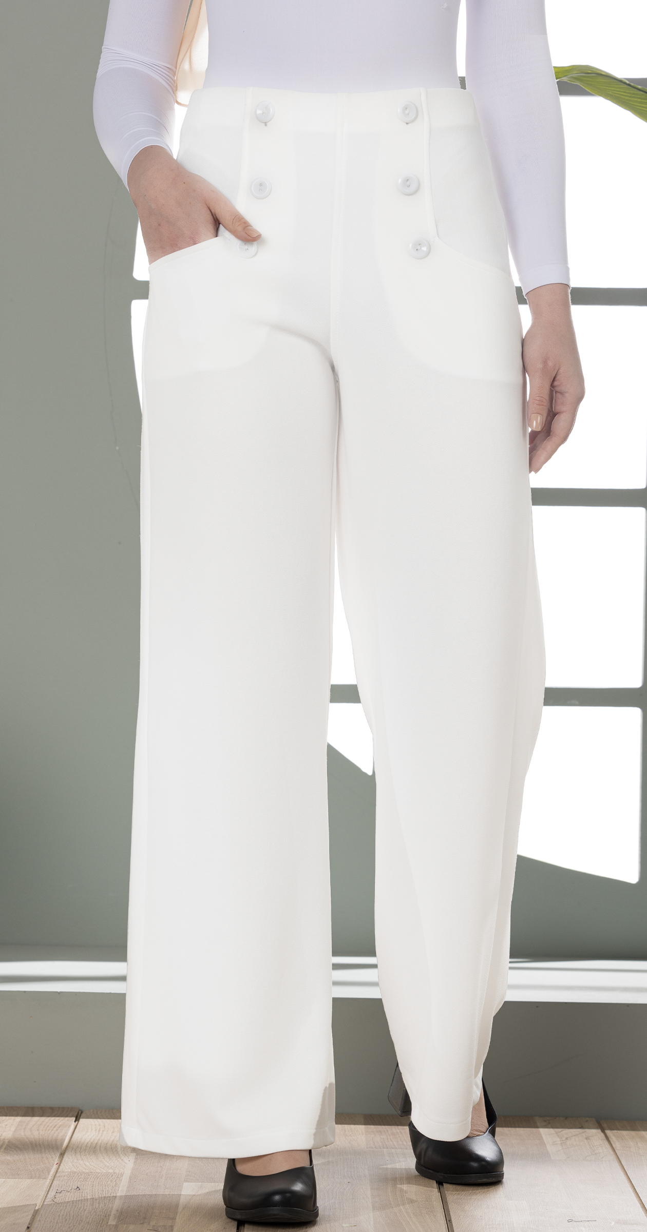 High-Waist Wide-Leg Pants- Double row of decorative buttons