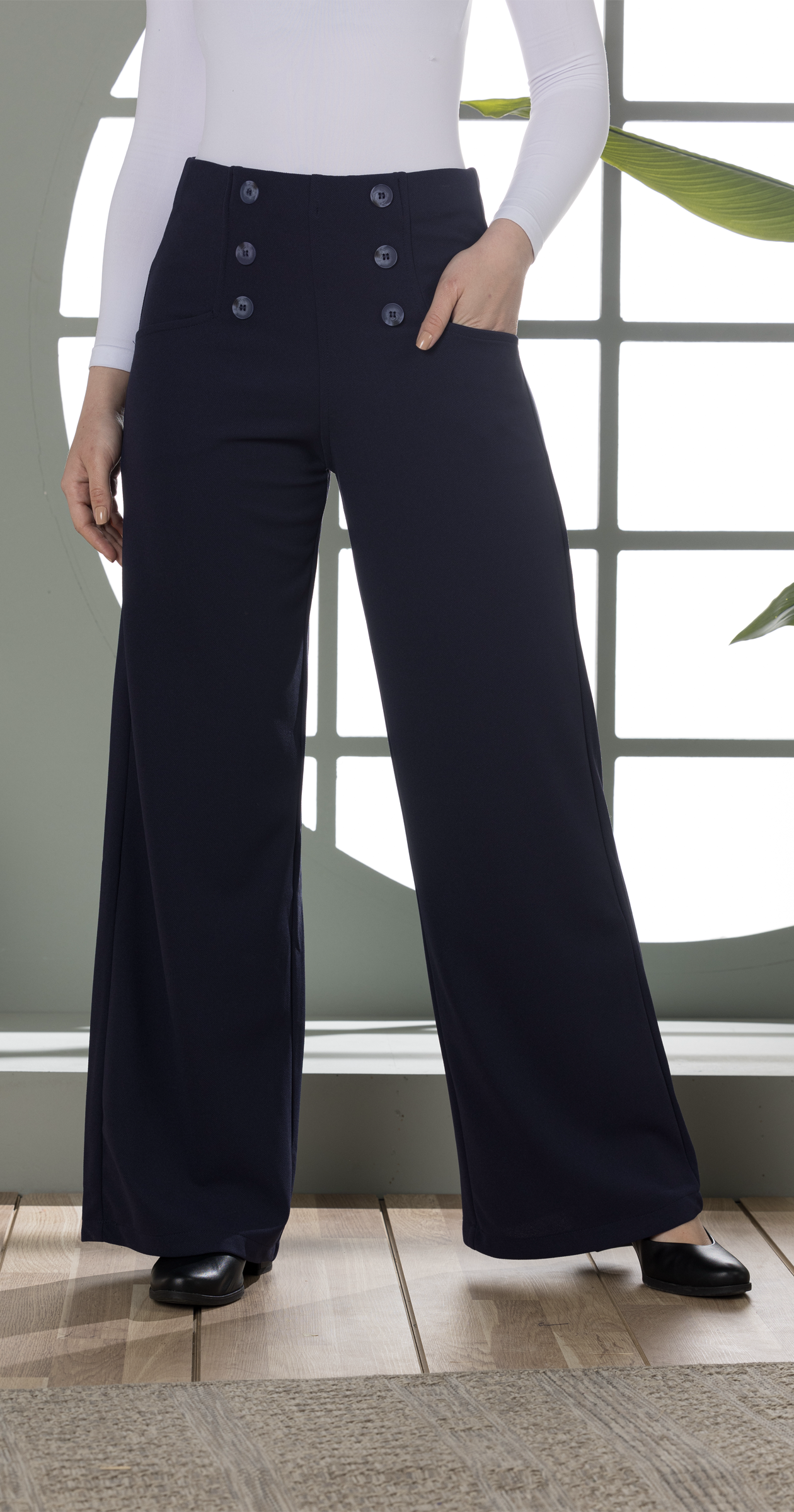 High-Waist Wide-Leg Pants- Double row of decorative buttons