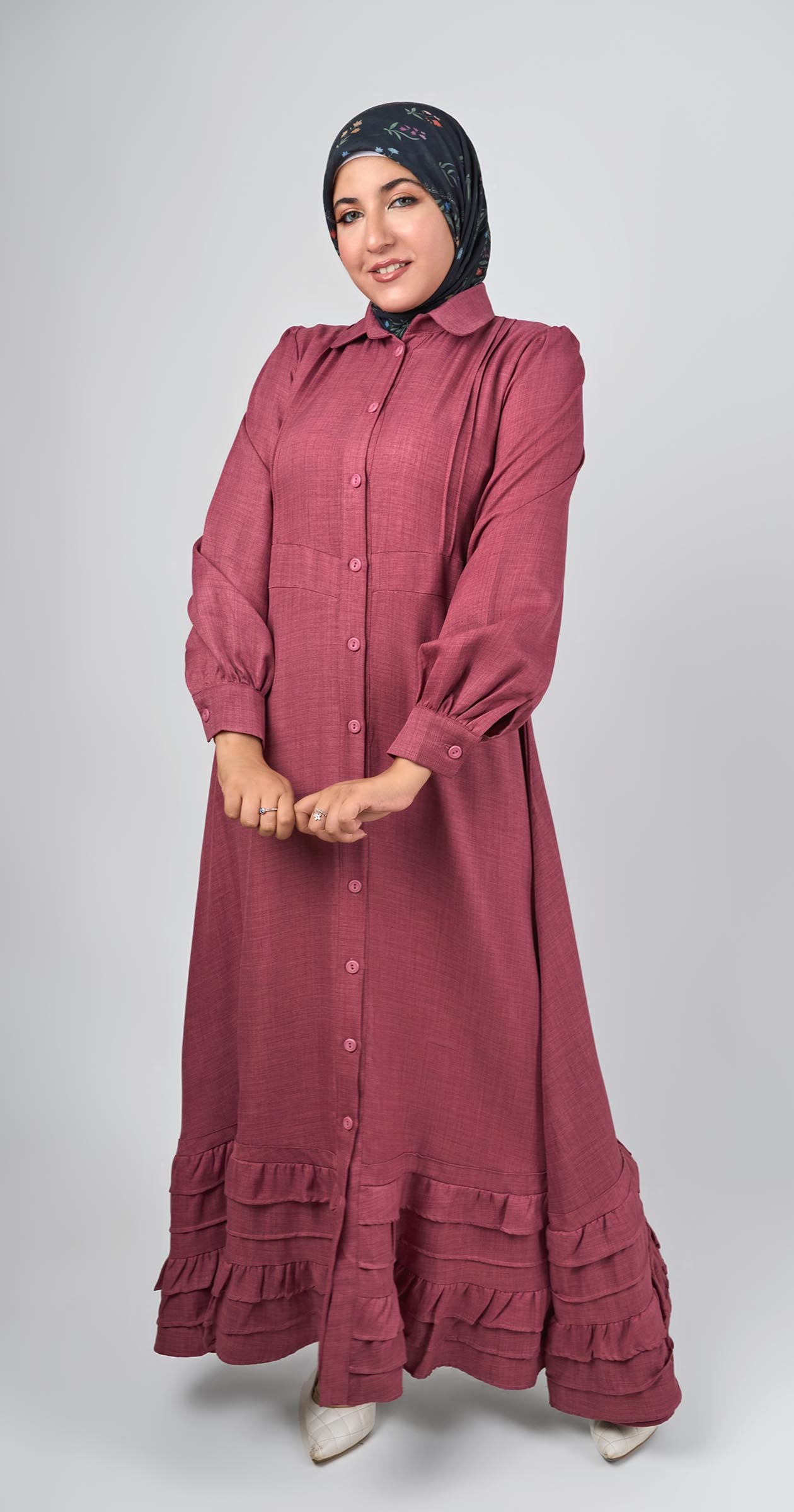 Linen dress with ruffles-Muted Rose Wood