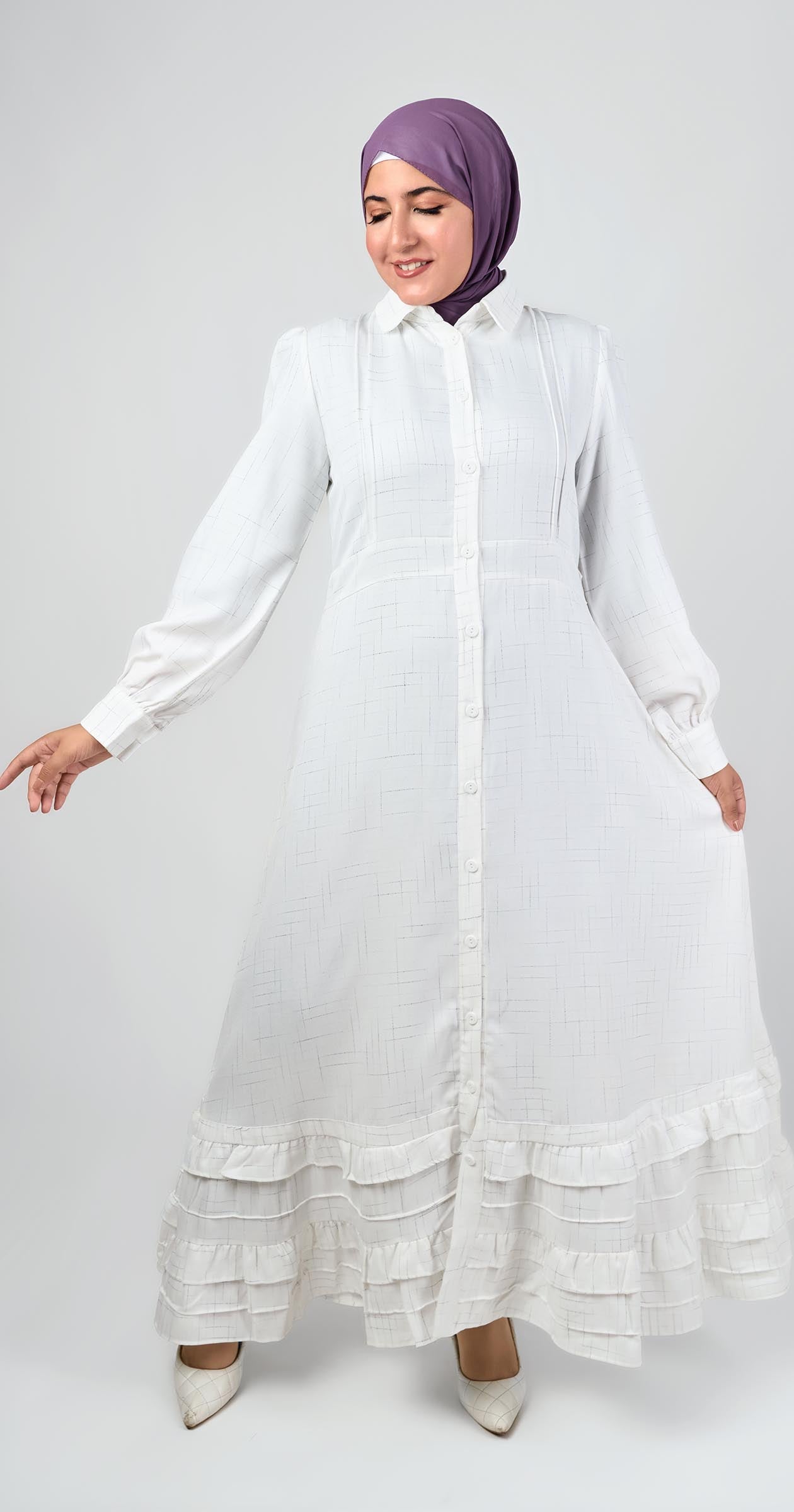 Linen dress with ruffles-White