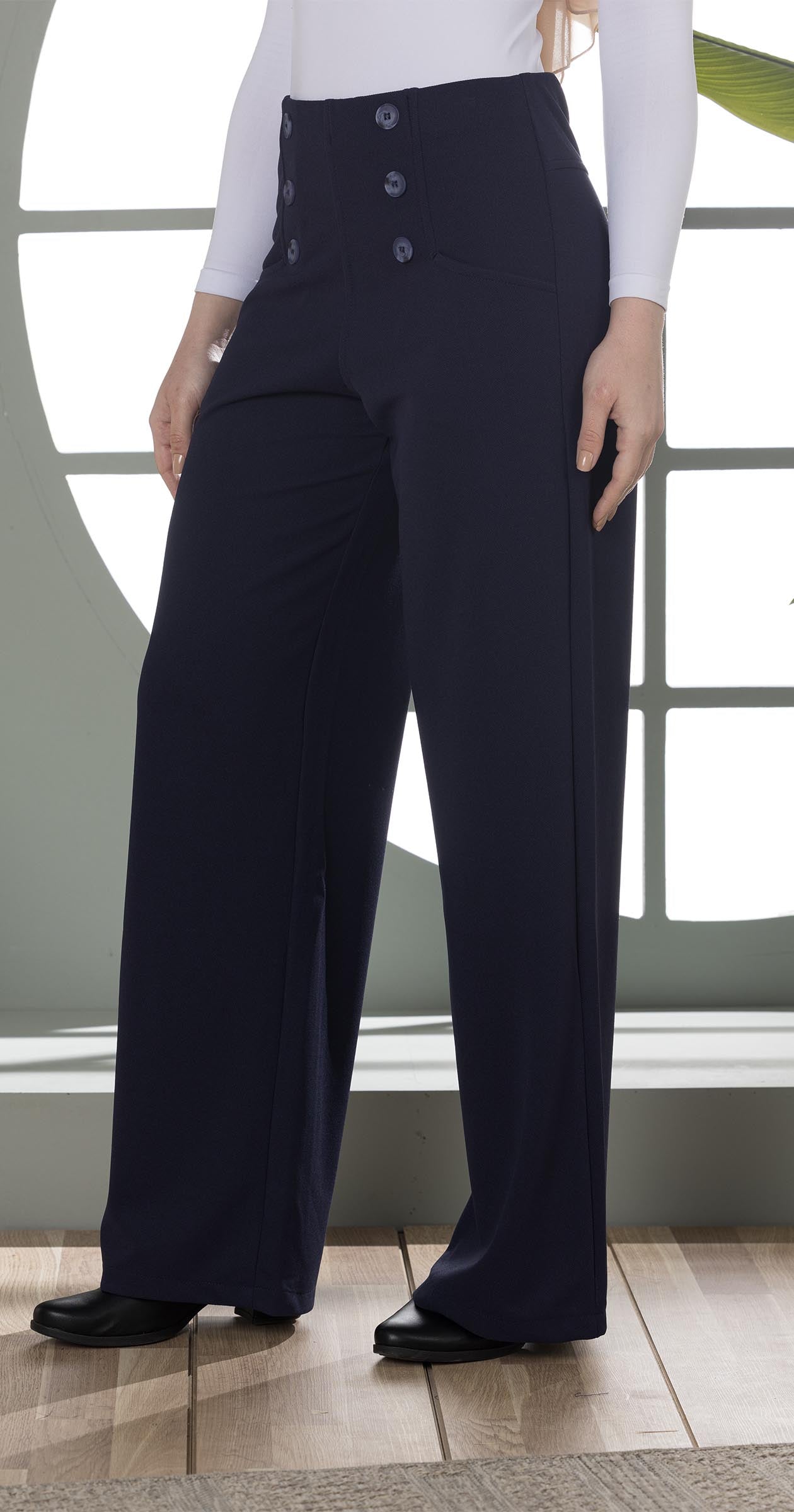 High-Waist Wide-Leg Pants- Double row of decorative buttons-Dark Blue