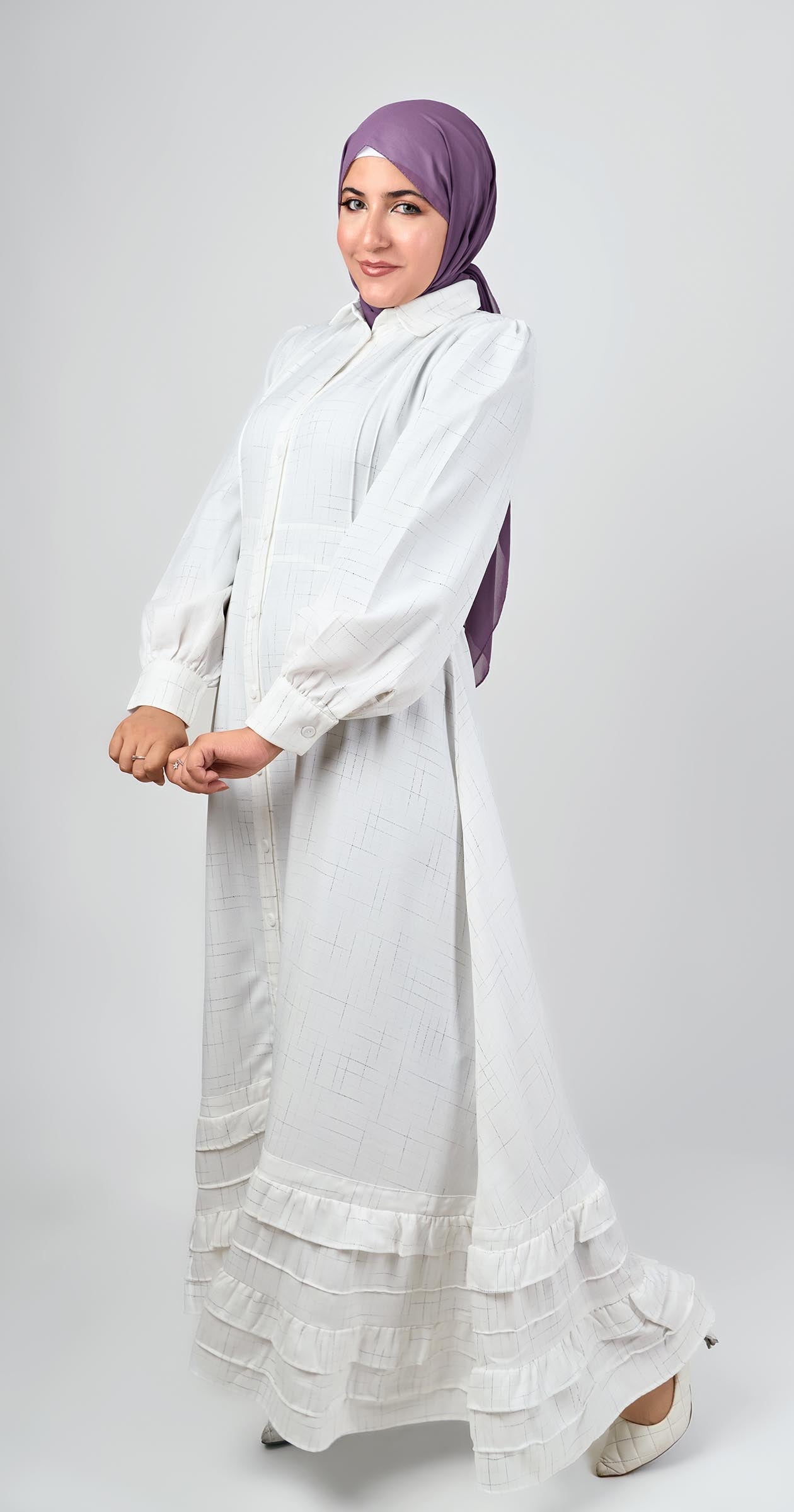 Linen dress with ruffles-White