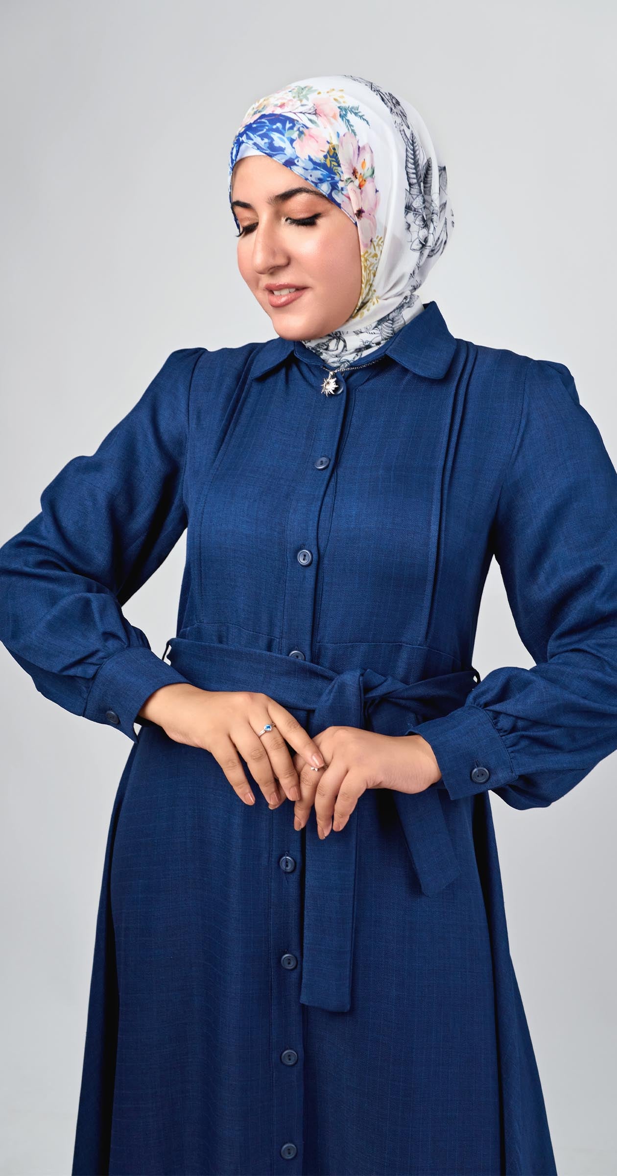 Linen dress with ruffles-Navy Blue