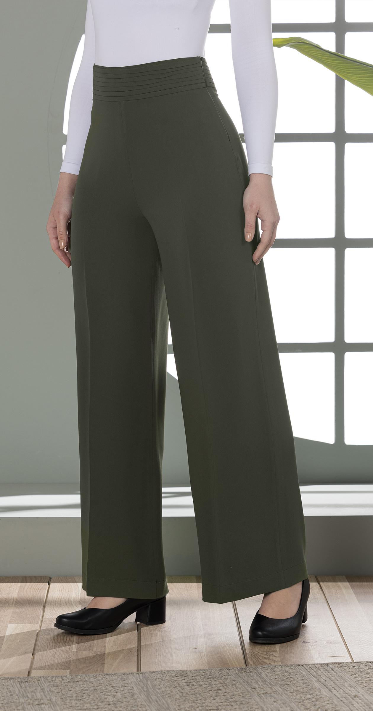 Olive Green High-Waist Wide-Leg Pants