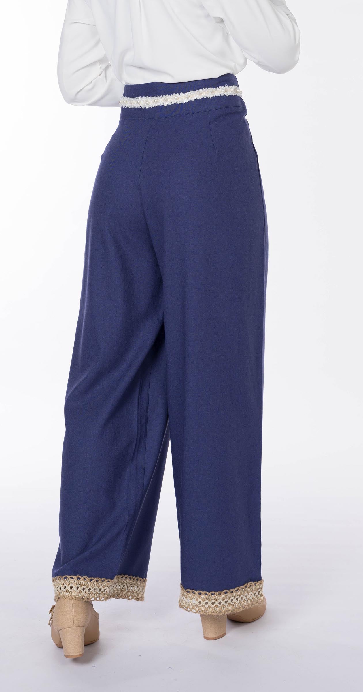 Floral Linen Pant-Blue