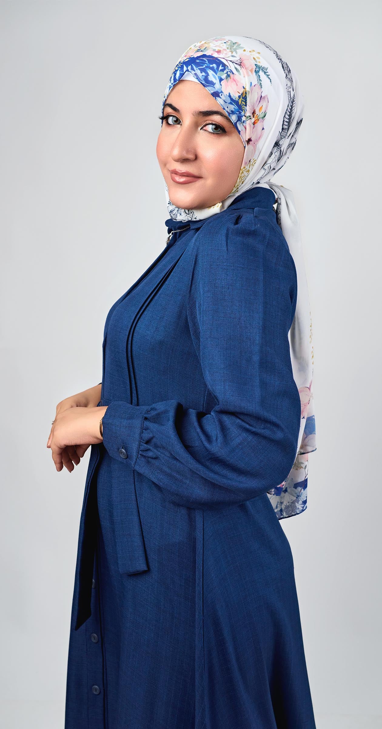 Linen dress with ruffles-Navy Blue