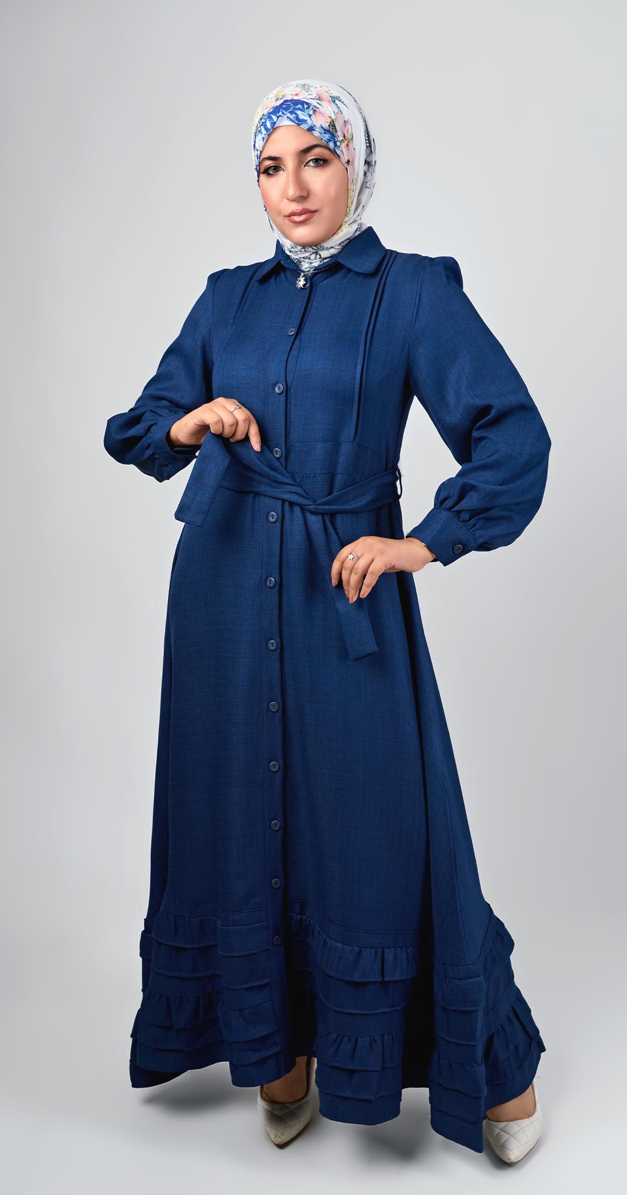 Linen dress with ruffles-Navy Blue