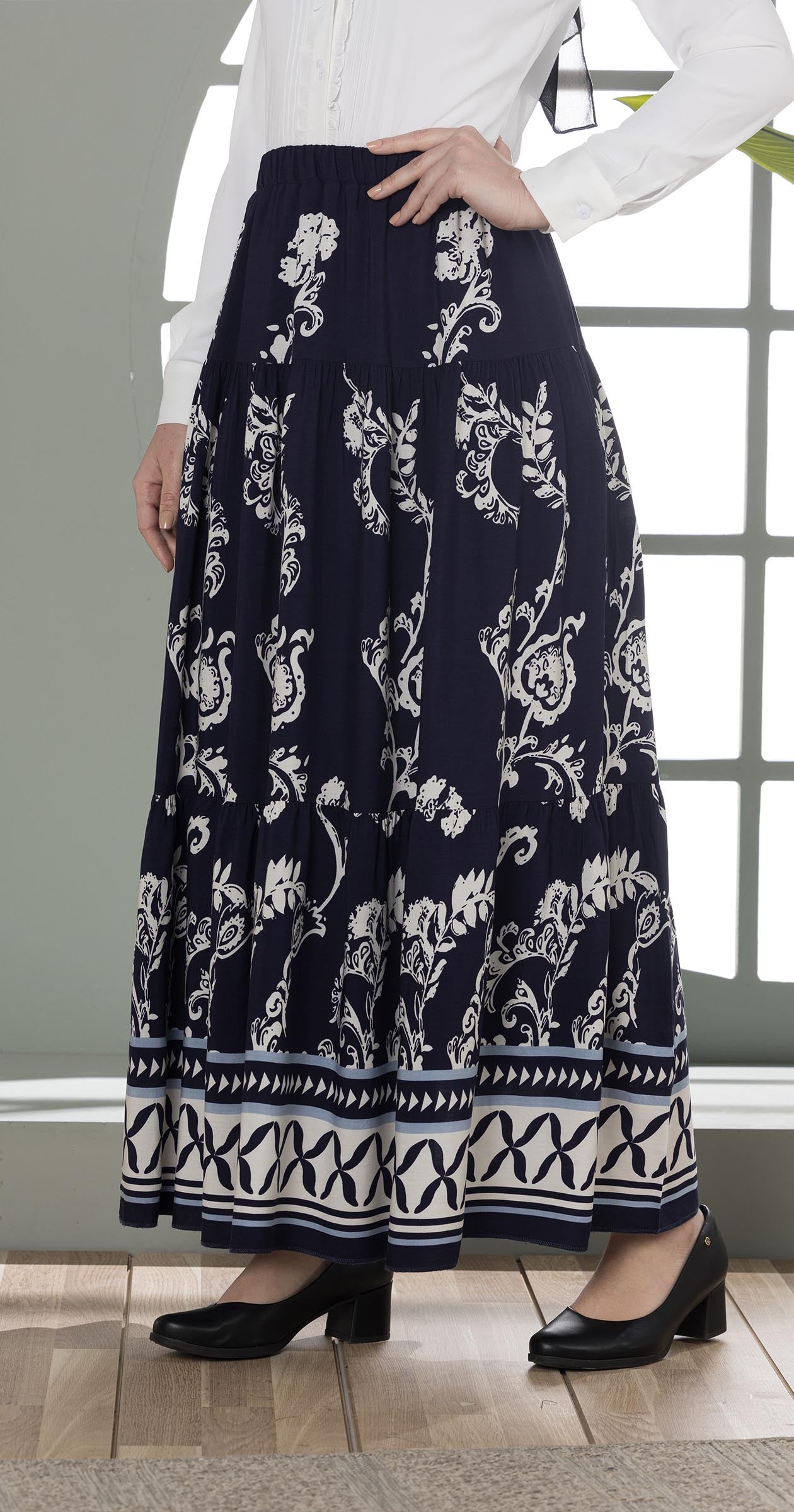 Boho-Chic Printed Maxi Skirt-Blue