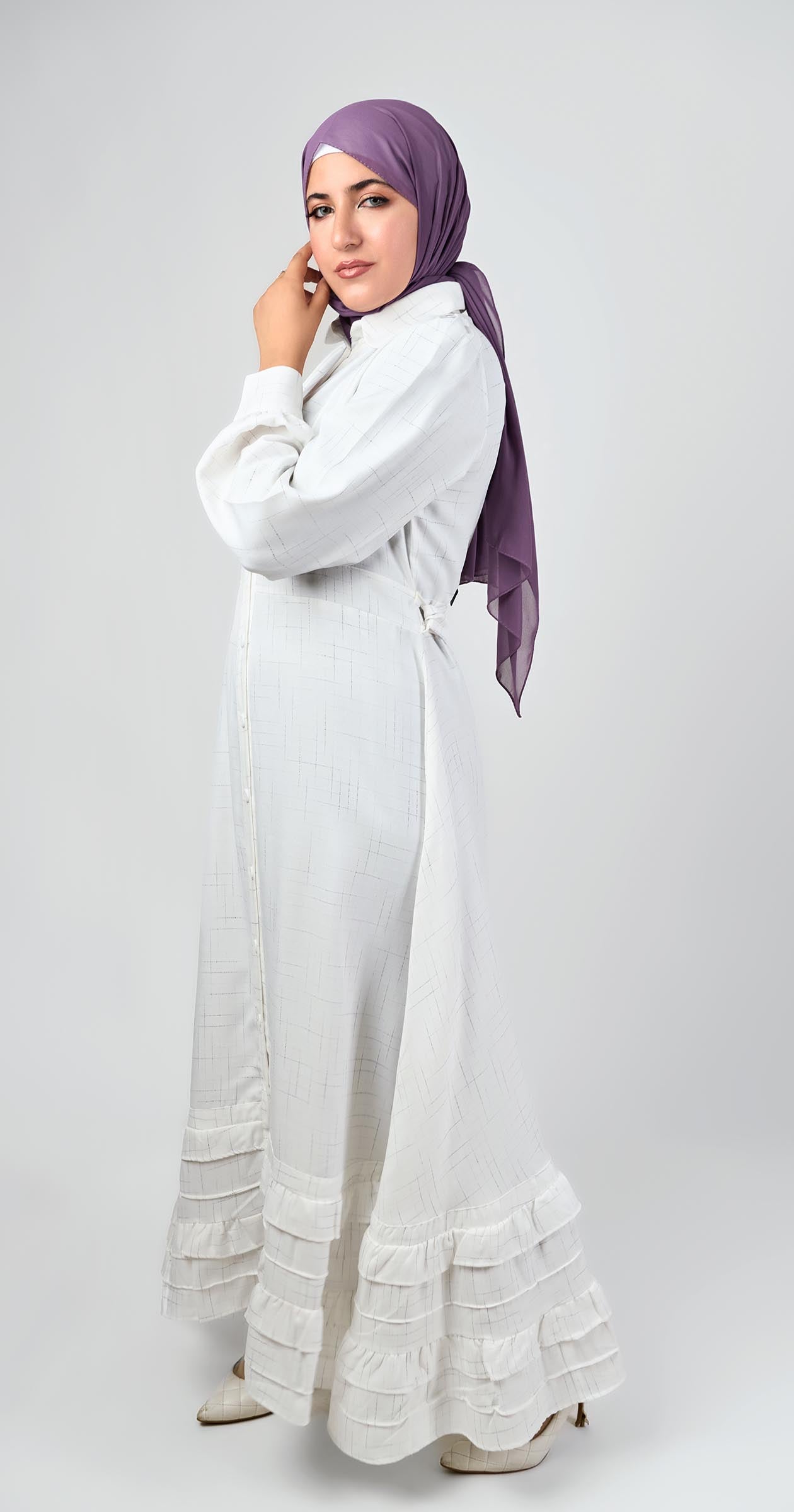 Linen dress with ruffles-White