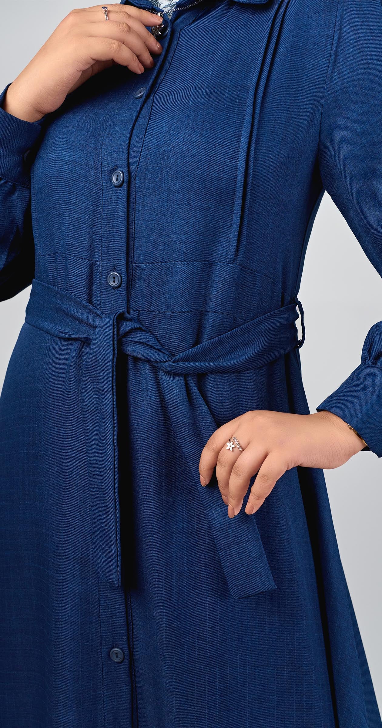 Linen dress with ruffles-Navy Blue