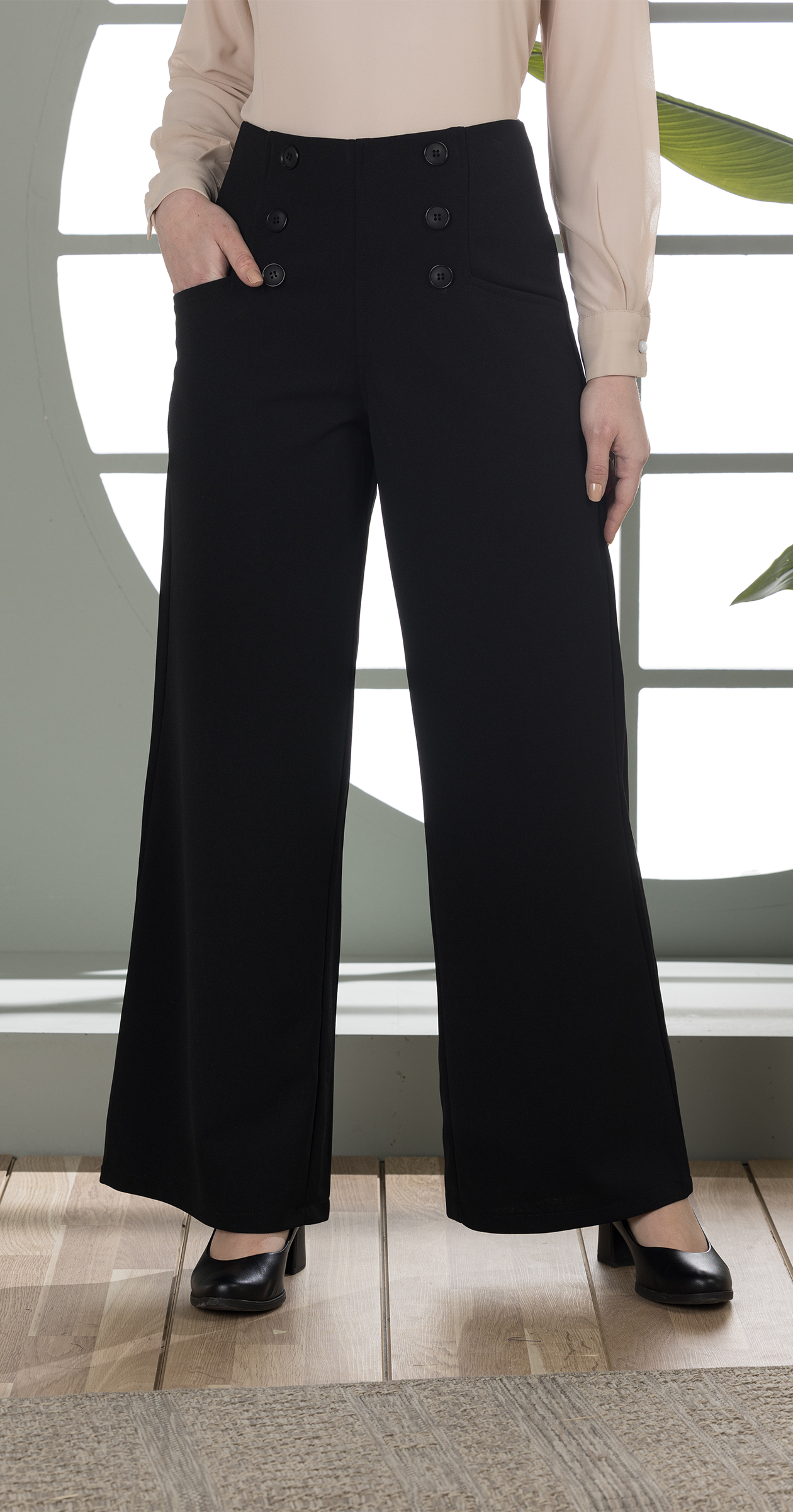 High-Waist Wide-Leg Pants- Double row of decorative buttons