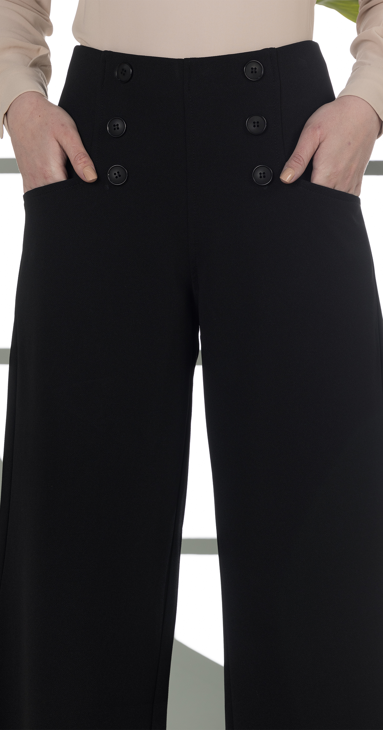 High-Waist Wide-Leg Pants- Double row of decorative buttons