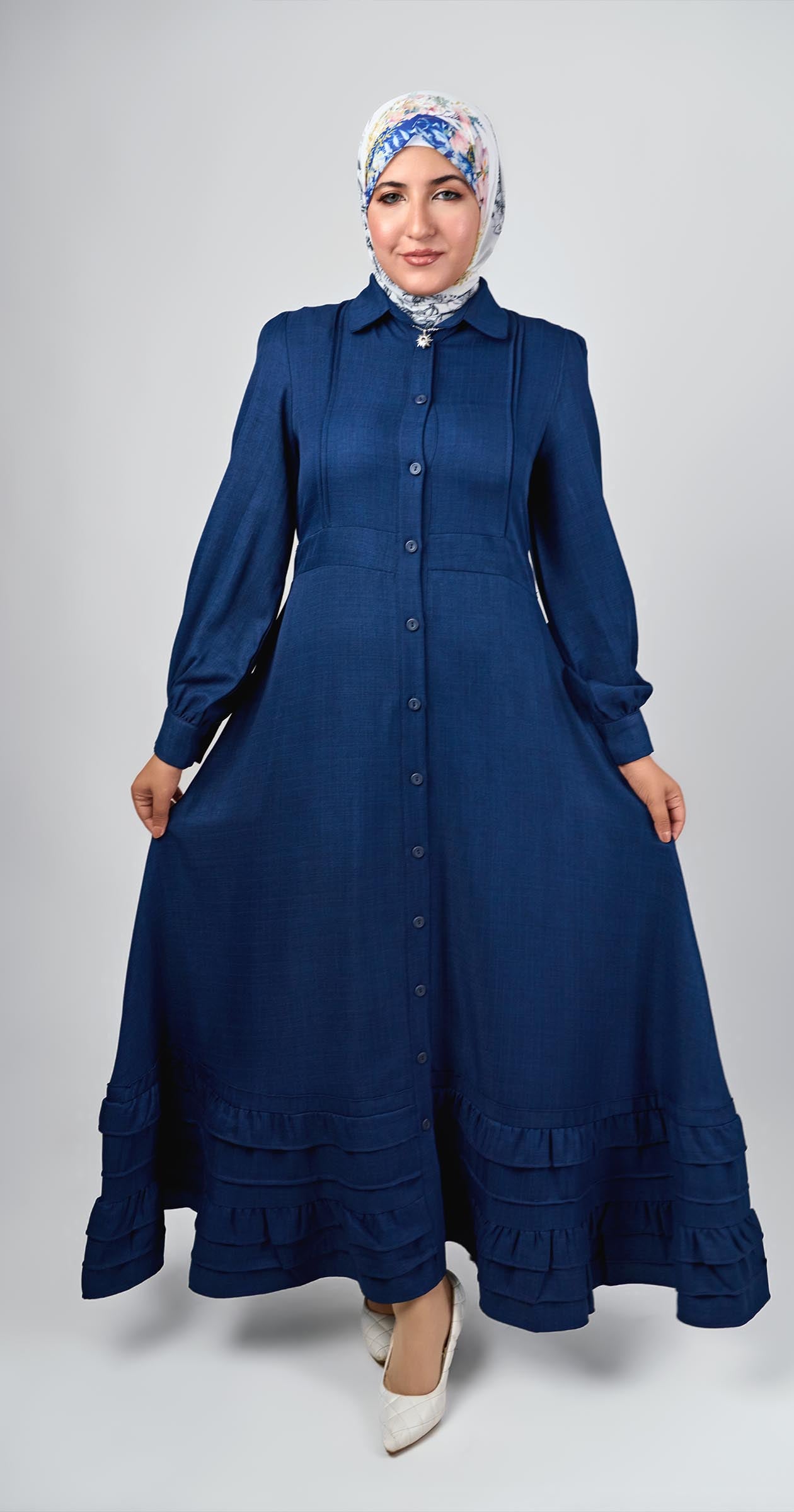 Linen dress with ruffles-Navy Blue