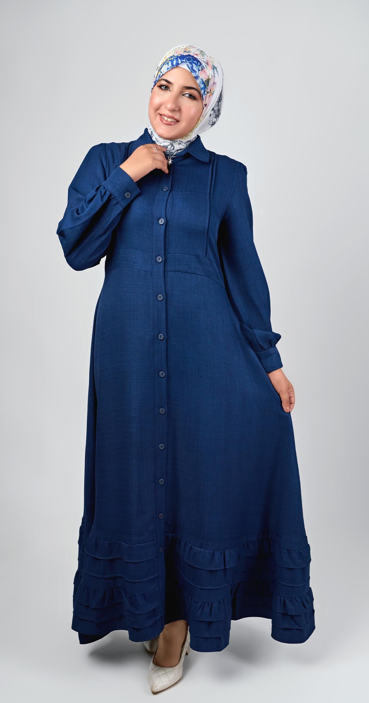 Linen dress with ruffles-Navy Blue