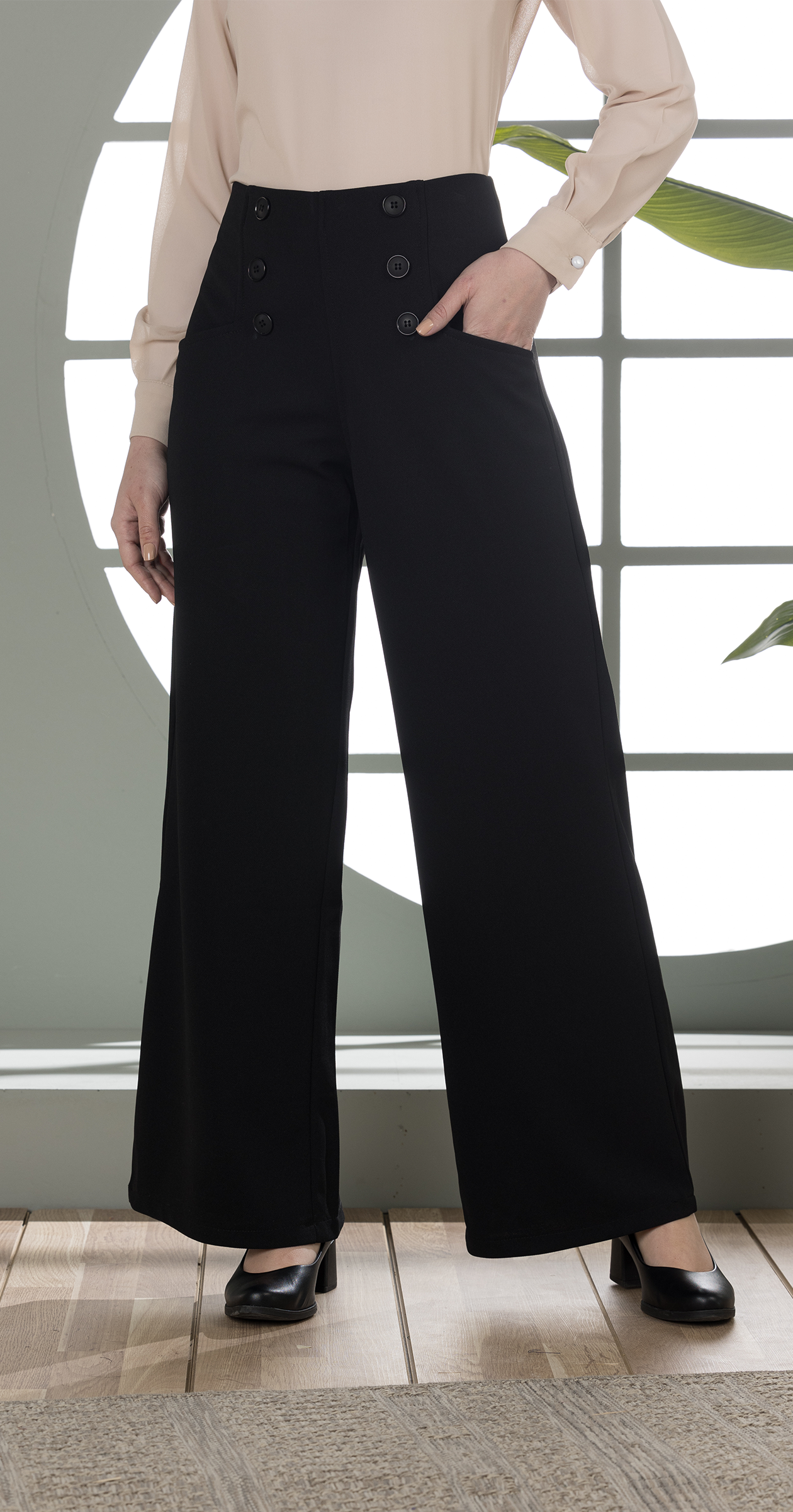 High-Waist Wide-Leg Pants- Double row of decorative buttons