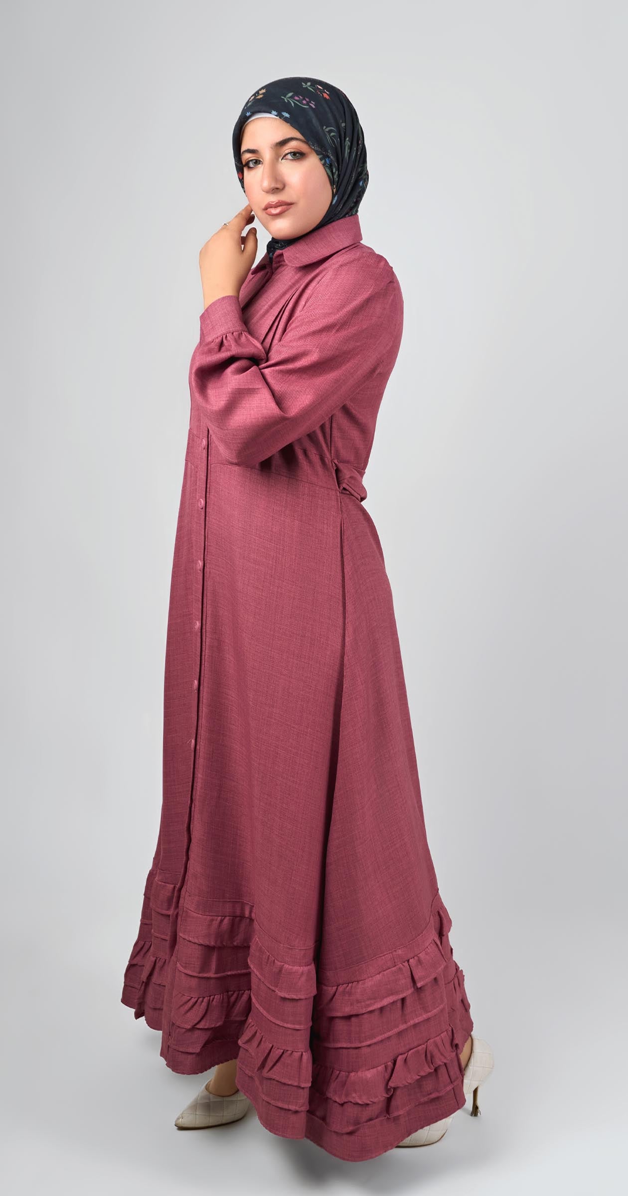 Linen dress with ruffles-Muted Rose Wood