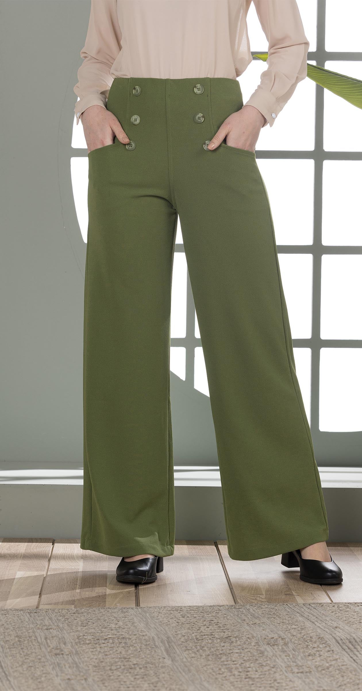 High-Waist Wide-Leg Pants- Double row of decorative buttons-Olive Green