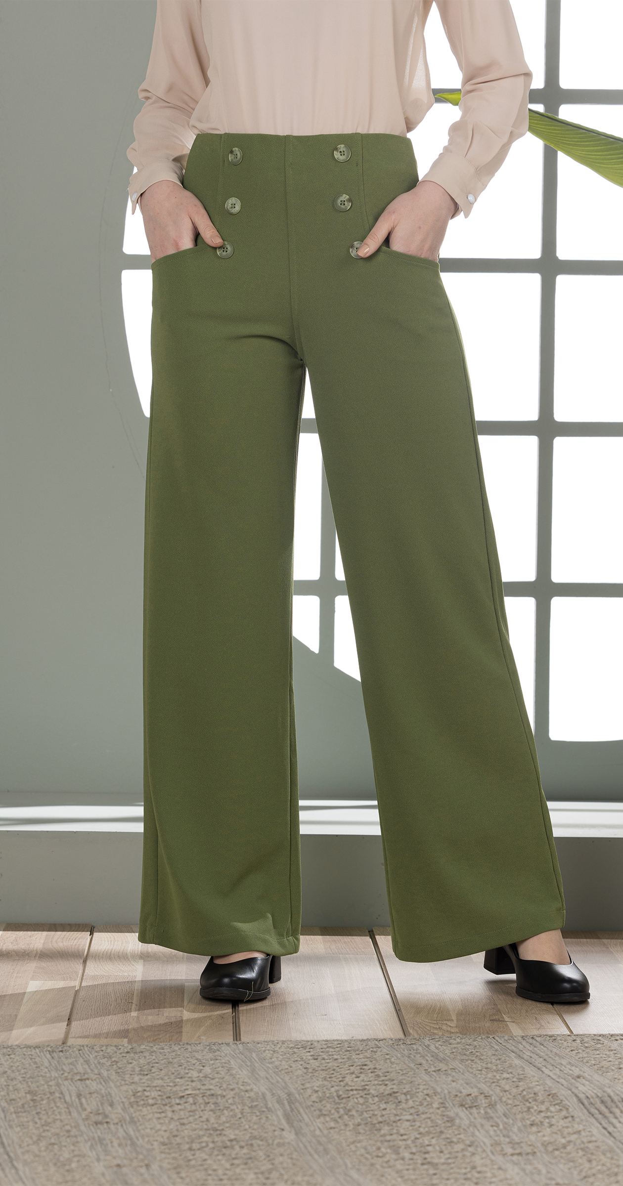 High-Waist Wide-Leg Pants- Double row of decorative buttons