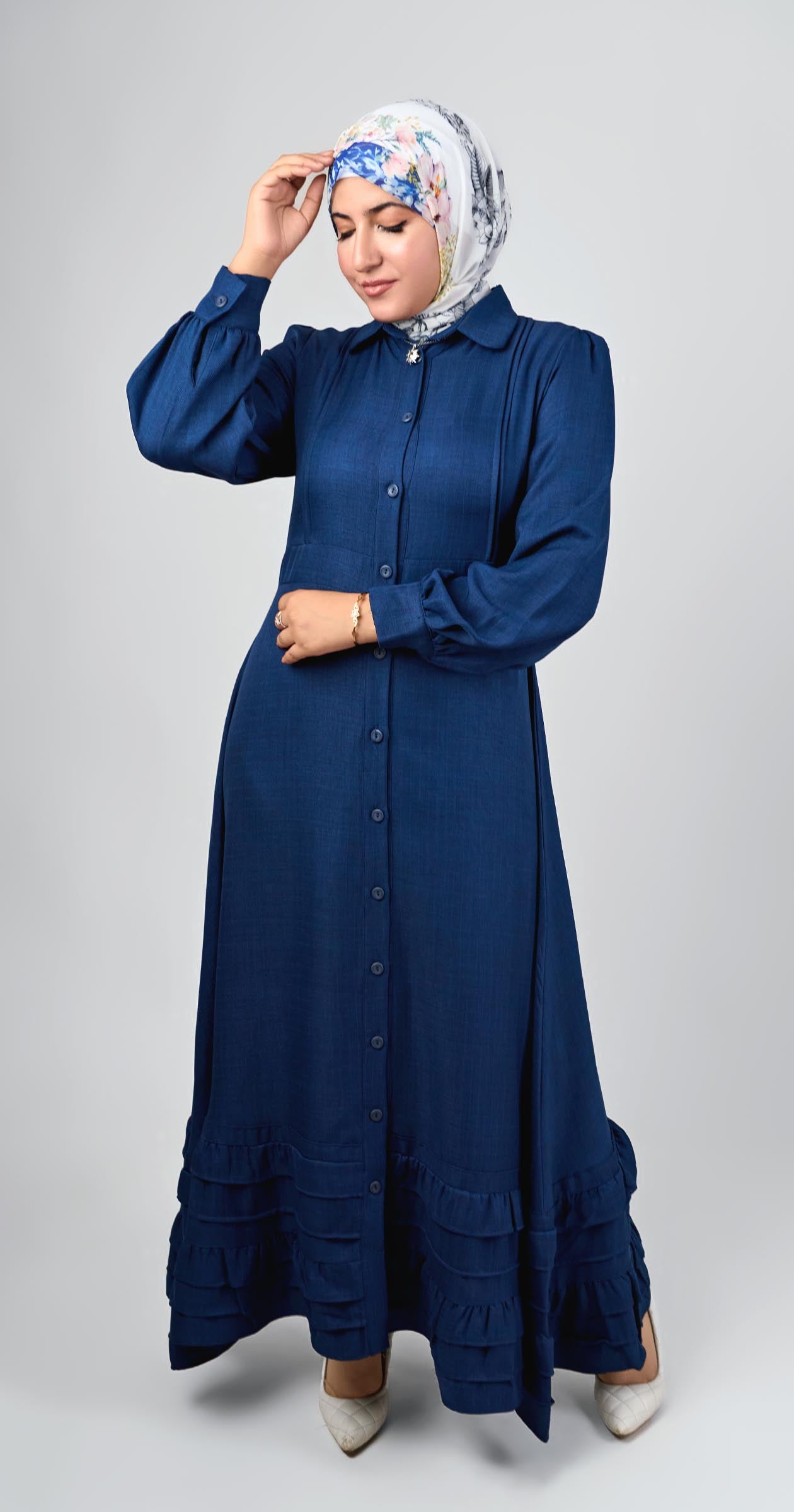 Linen dress with ruffles-Navy Blue
