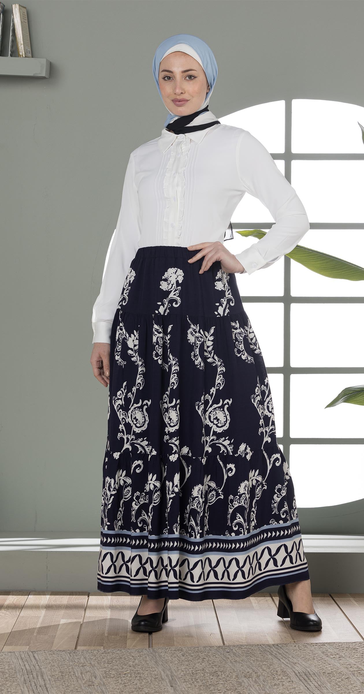 Boho-Chic Printed Maxi Skirt-Blue