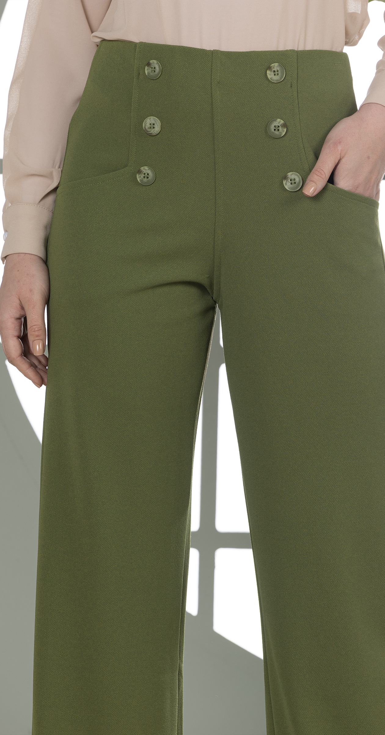 High-Waist Wide-Leg Pants- Double row of decorative buttons