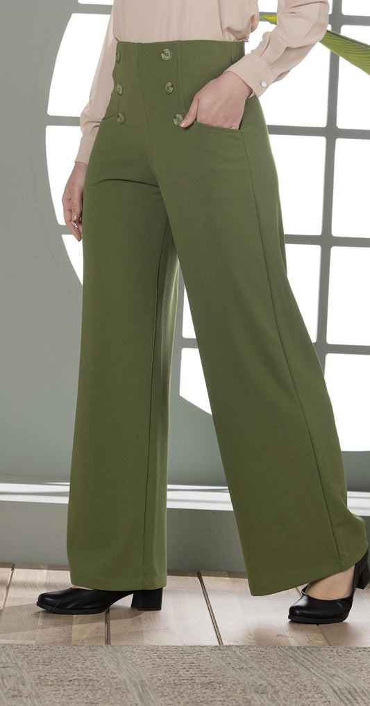 High-Waist Wide-Leg Pants- Double row of decorative buttons-Olive Green