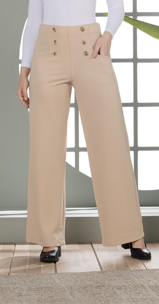 High-Waist Wide-Leg Pants- Double row of decorative buttons-Beige