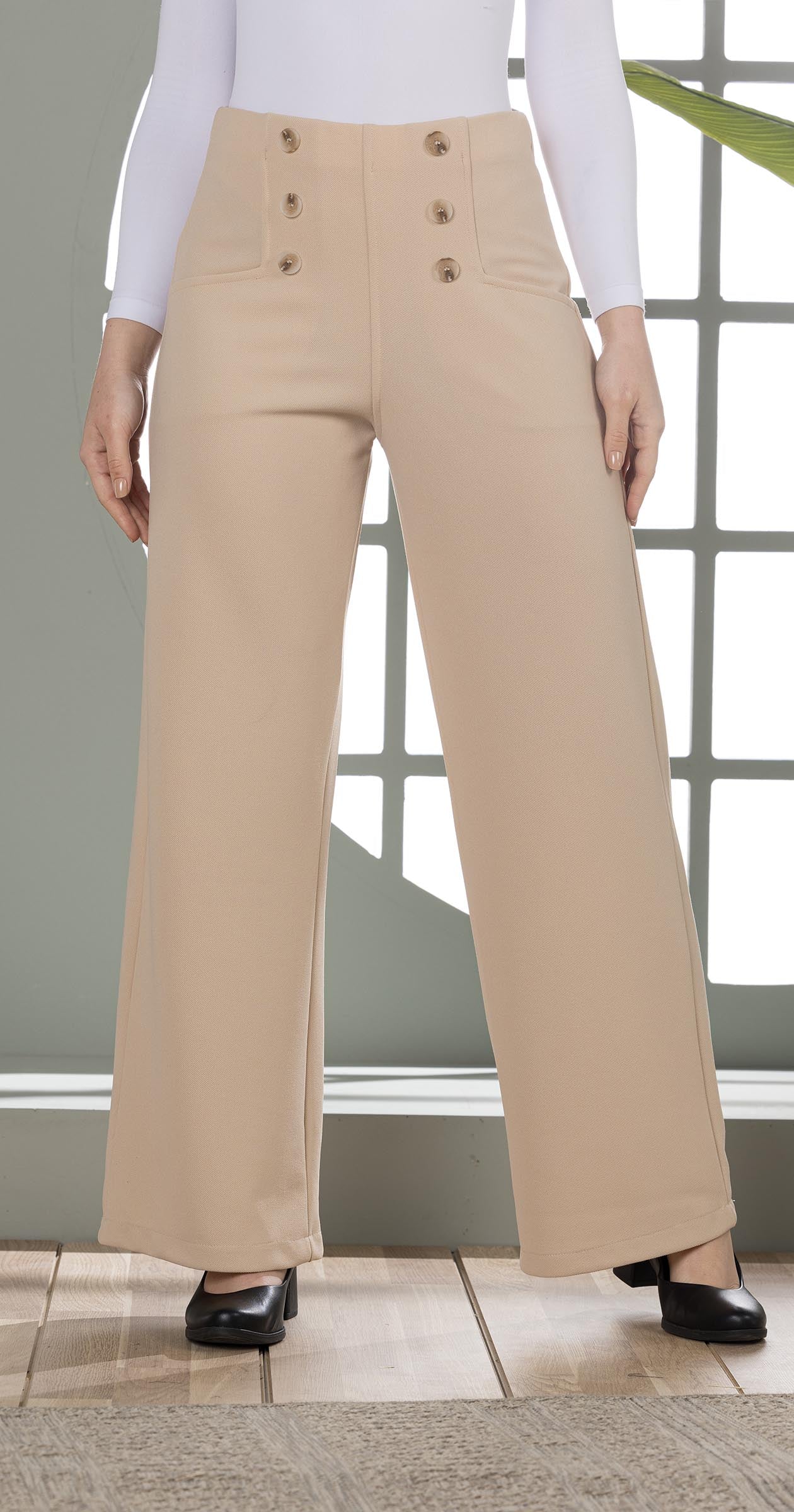 High-Waist Wide-Leg Pants- Double row of decorative buttons-Beige