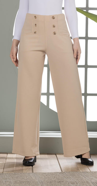 High-Waist Wide-Leg Pants- Double row of decorative buttons-Beige