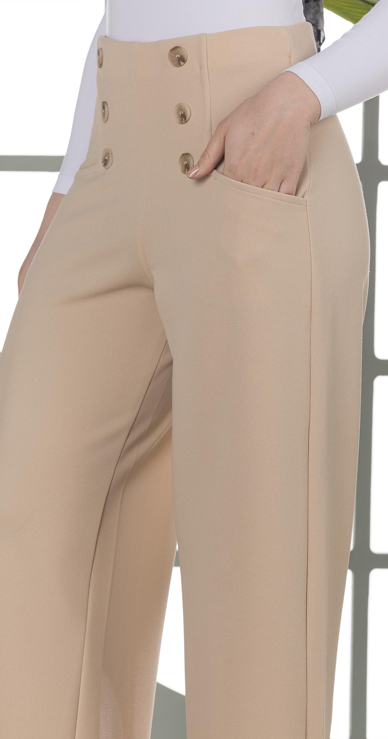 High-Waist Wide-Leg Pants- Double row of decorative buttons-Beige
