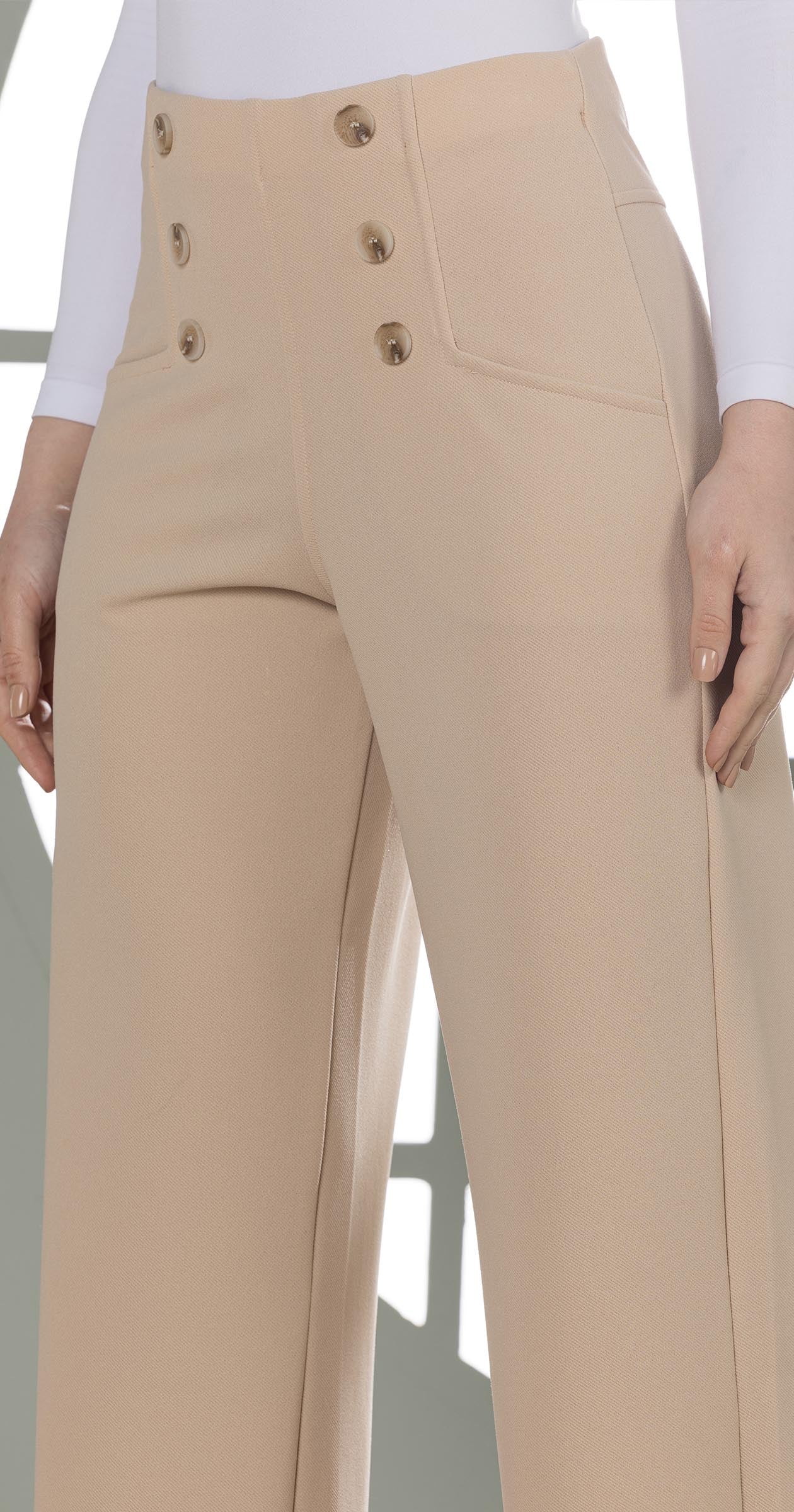 High-Waist Wide-Leg Pants- Double row of decorative buttons-Beige