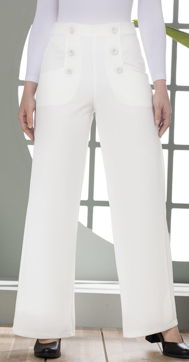 High-Waist Wide-Leg Pants- Double row of decorative buttons-White