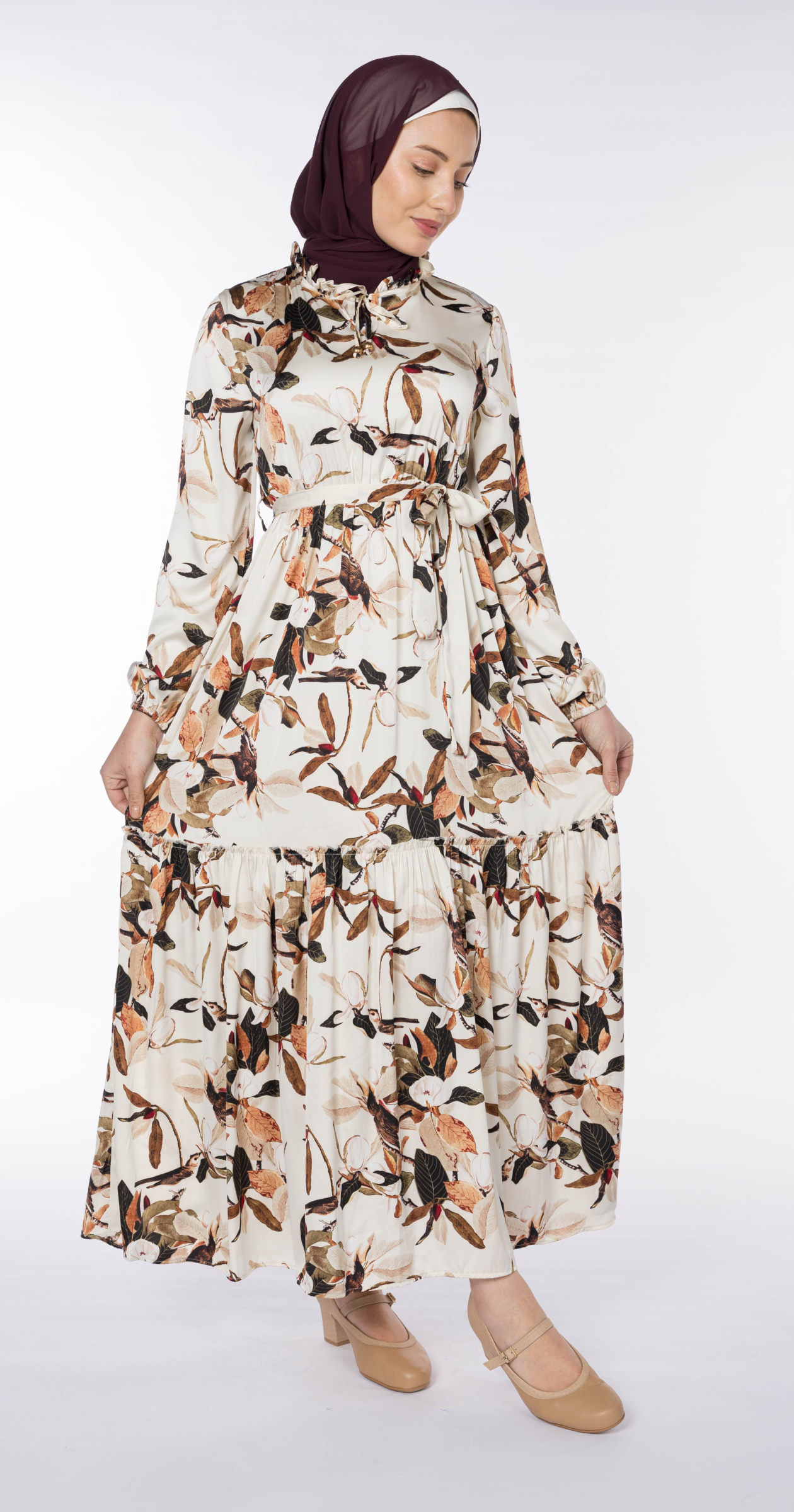 Satin Floral Ruffle Maxi Dress