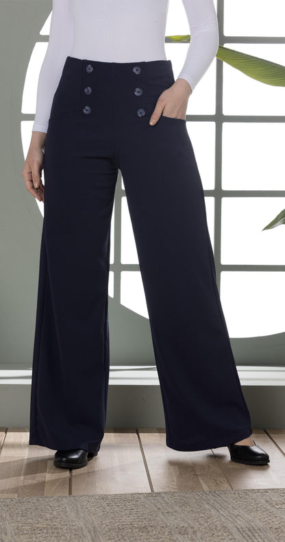High-Waist Wide-Leg Pants- Double row of decorative buttons-Dark Blue