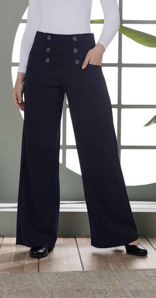High-Waist Wide-Leg Pants- Double row of decorative buttons-Dark Blue