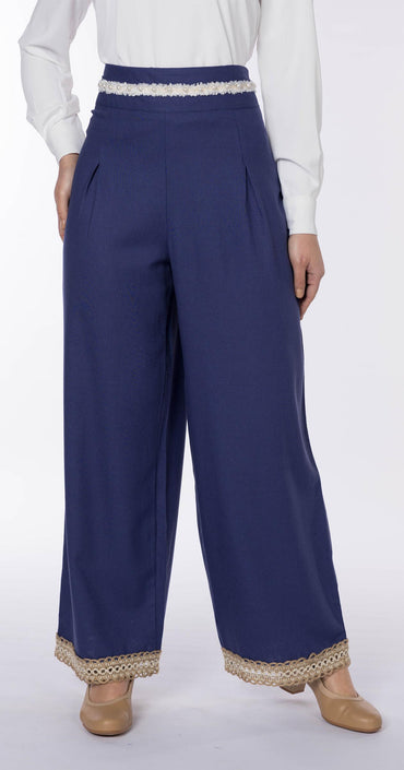 Floral Linen Pant-Blue