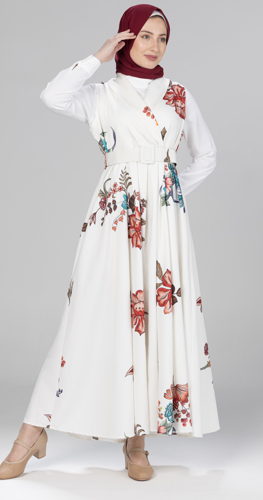 Sleeveless Floral Belted Maxi Dress-White