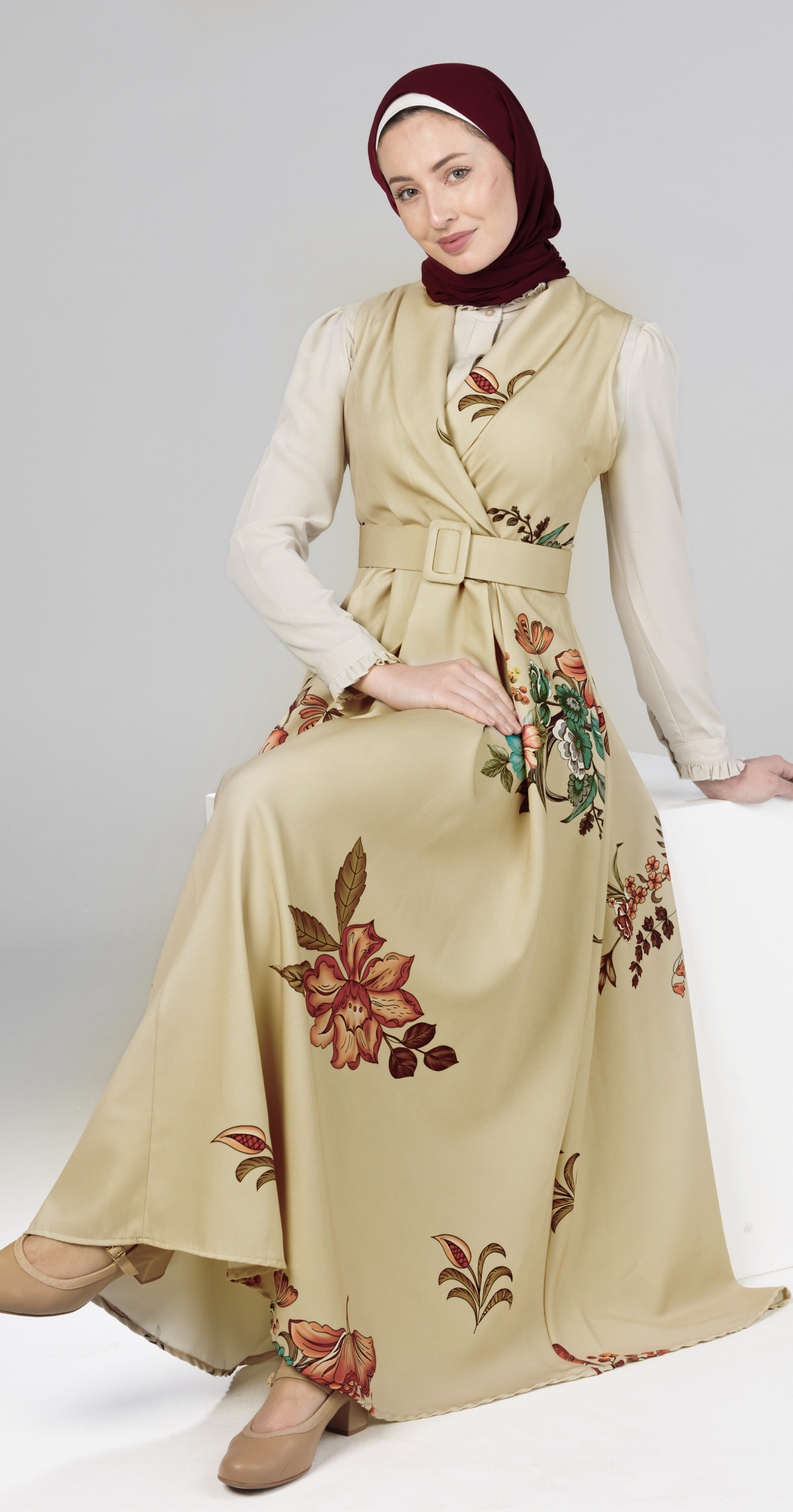 Sleeveless Floral Belted Maxi Dress-Beige