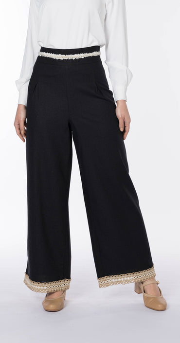 Floral Linen Pant-Black