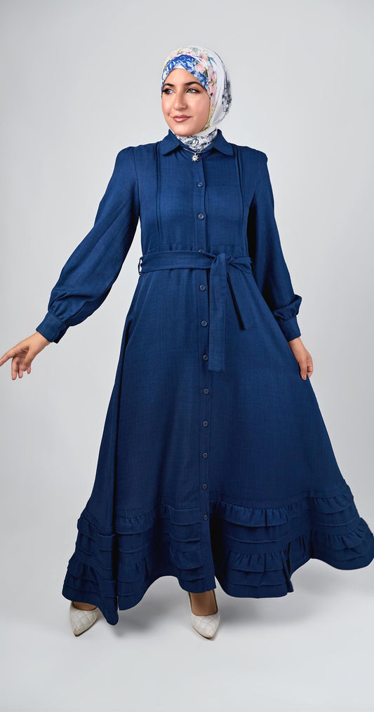 Linen dress with ruffles-Navy Blue