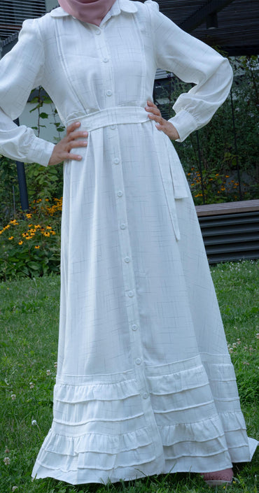 Linen dress with ruffles-White